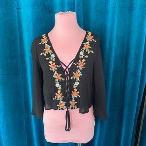 American Eagle Embroidered Lace Up Crop Top Black